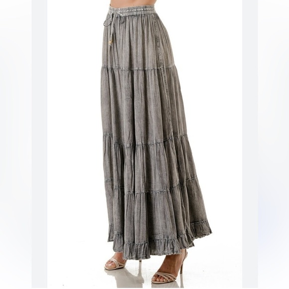 Anandas Boho Tiered Wide Leg Palazzo Pants Size M Grey Festival Beachy Pull On - Picture 2 of 13